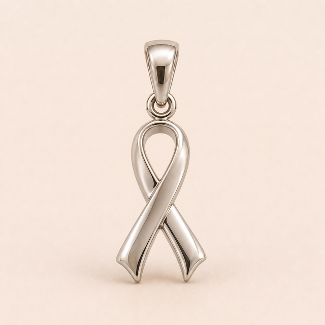 Mini Ribbon sterling-silver pendant design reference; AI-generated white-gold render reused for the silver counterpart