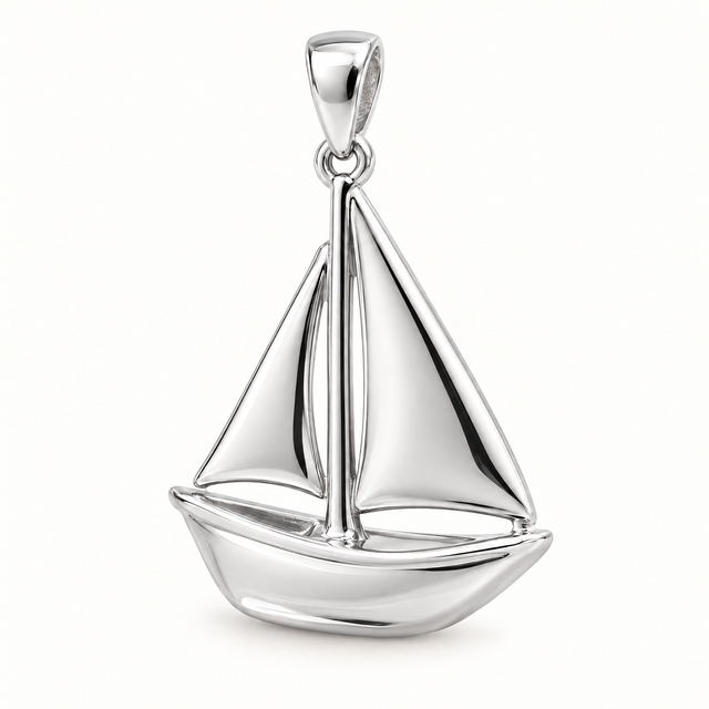 Mini Sailboat Sterling Silver Pendant — AI-generated silver design rendering
