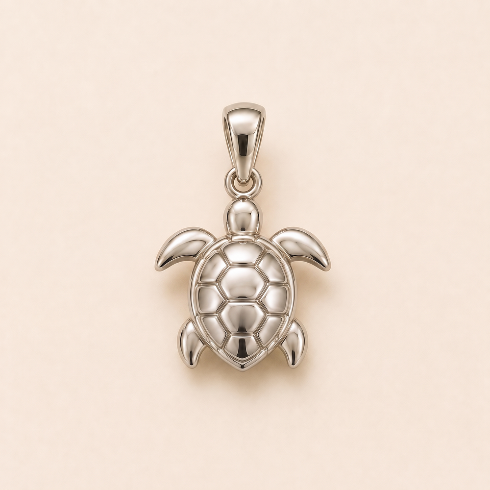 Mini Turtle pendant — reused white-gold design rendering for the silver counterpart.