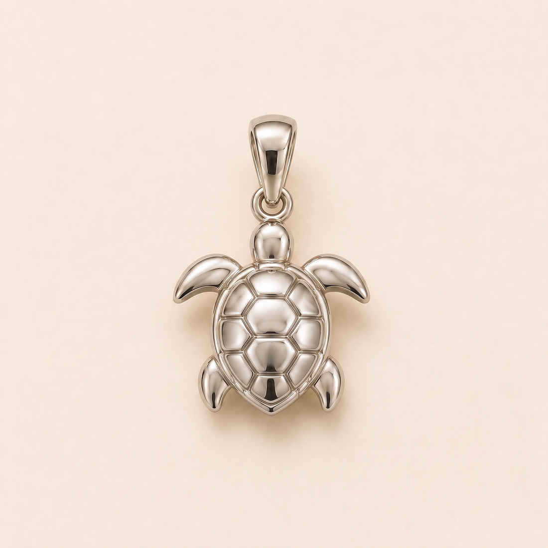 Mini Turtle pendant — reused white-gold design rendering for the silver counterpart.
