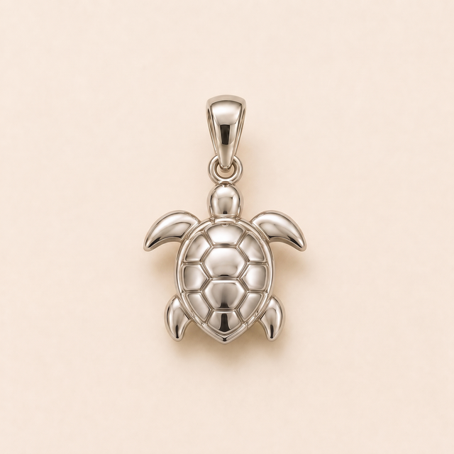 Mini Turtle pendant — reused white-gold design rendering for the silver counterpart.