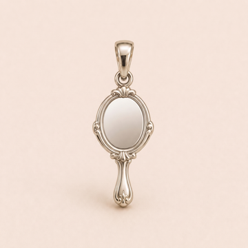Mini Vanity Mirror sterling-silver pendant design reference; AI-generated white-gold render reused for the silver counterpart