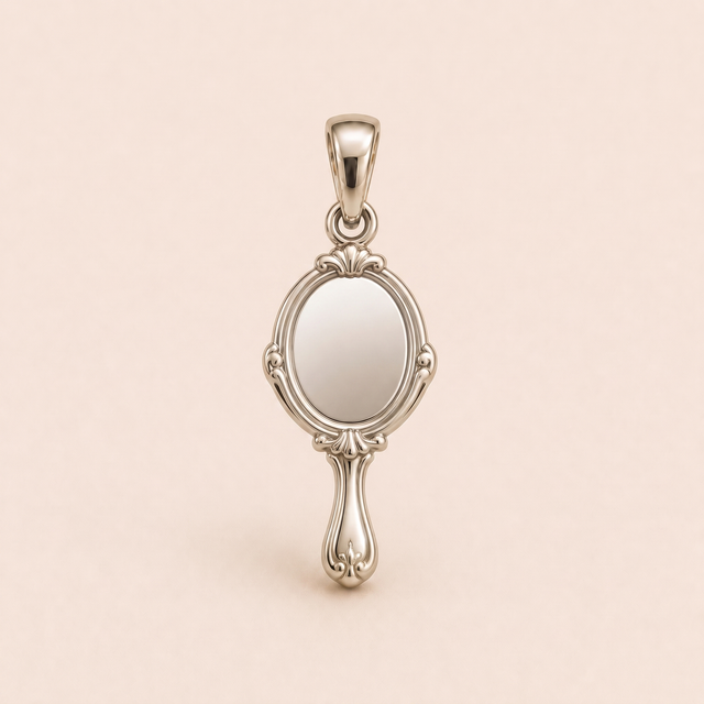 Mini Vanity Mirror sterling-silver pendant design reference; AI-generated white-gold render reused for the silver counterpart