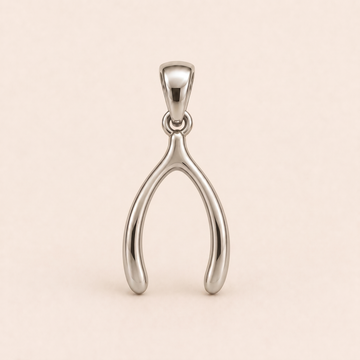 Mini Wishbone sterling-silver pendant design reference; AI-generated white-gold render reused for the silver counterpart