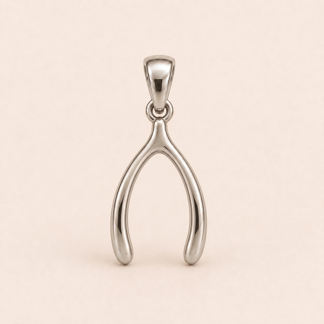 Mini Wishbone sterling-silver pendant design reference; AI-generated white-gold render reused for the silver counterpart