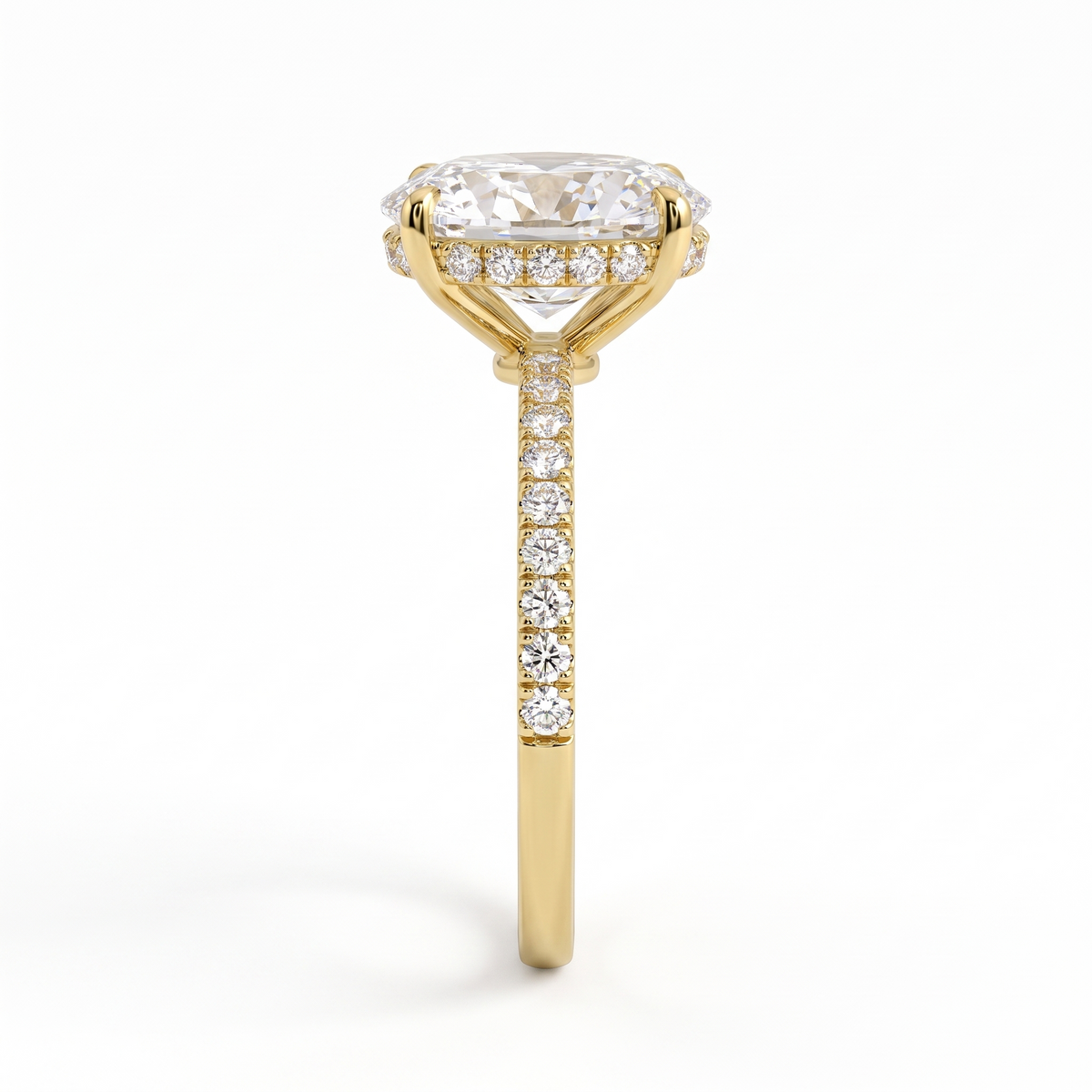 Model 02 Oval Yellow Pavé engagement ring side profile catalog view on white background