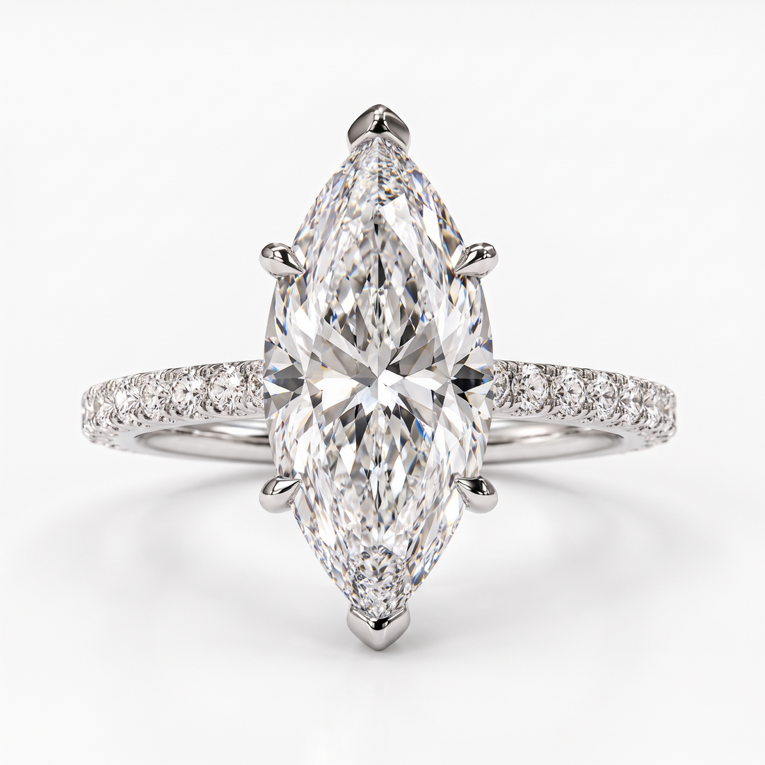 Model 03 Marquise Pavé Solitaire engagement ring three-quarter catalog view on white background