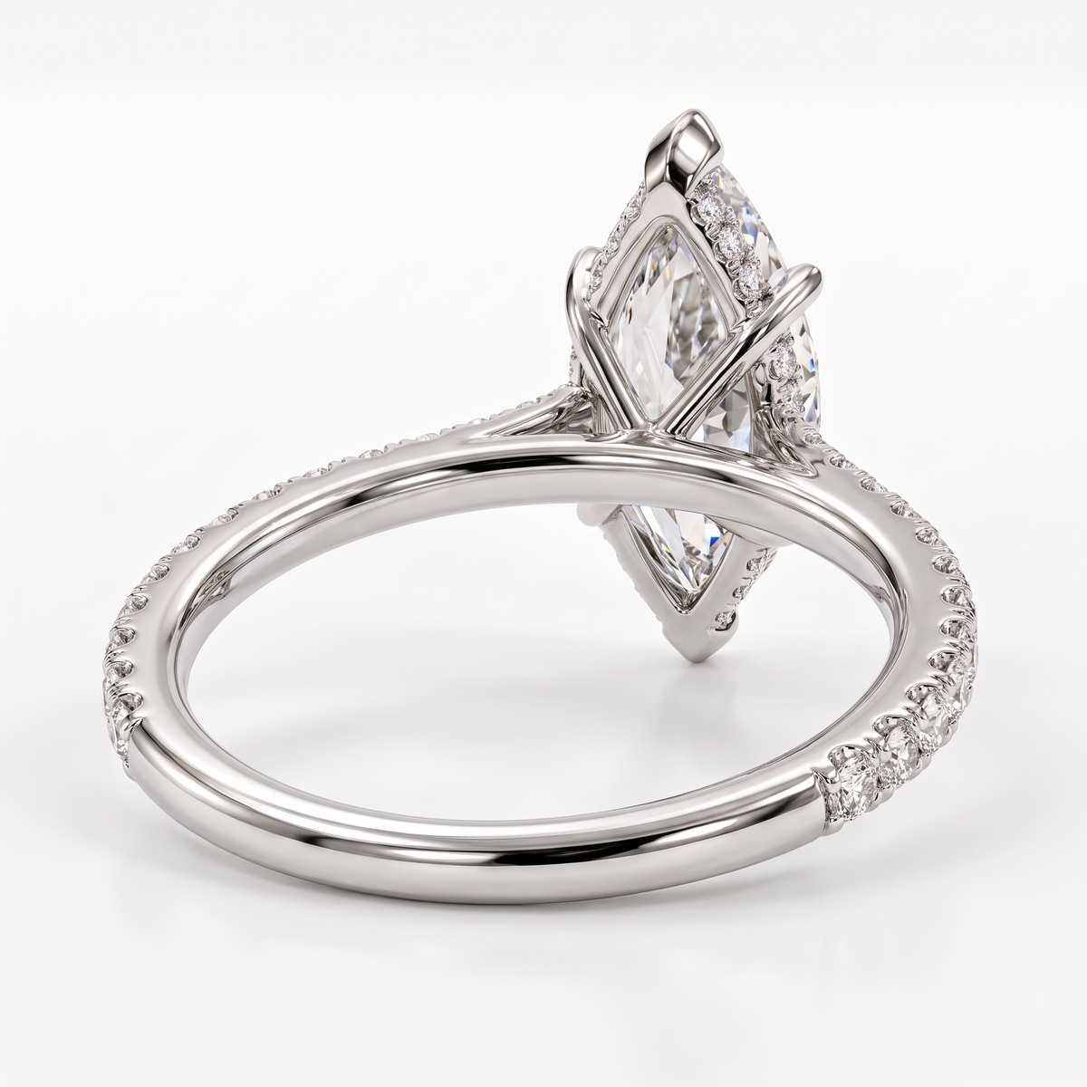 Model 03 Marquise Pavé Solitaire engagement ring rear three-quarter catalog view on white background