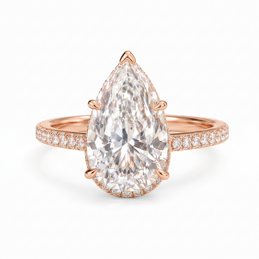 Model 04 Pear Rose Hidden Halo engagement ring three-quarter catalog view on white background