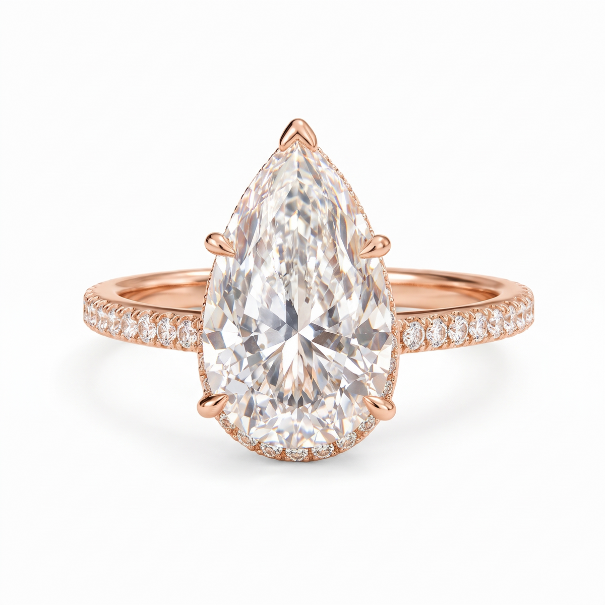Model 04 Pear Rose Hidden Halo engagement ring three-quarter catalog view on white background