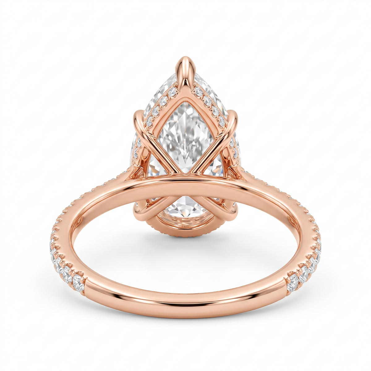 Model 04 Pear Rose Hidden Halo engagement ring rear three-quarter catalog view on white background
