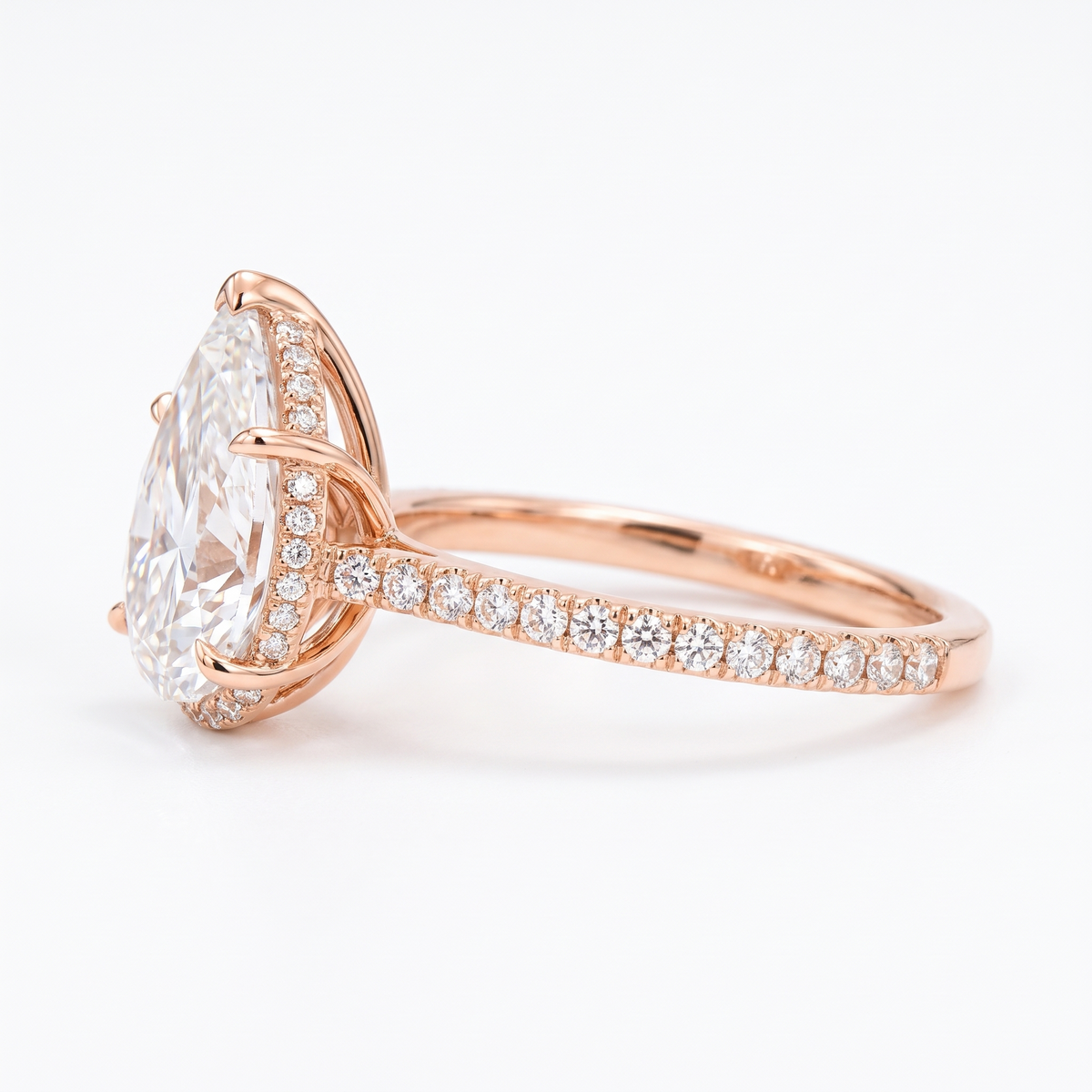 Model 04 Pear Rose Hidden Halo engagement ring side profile catalog view on white background