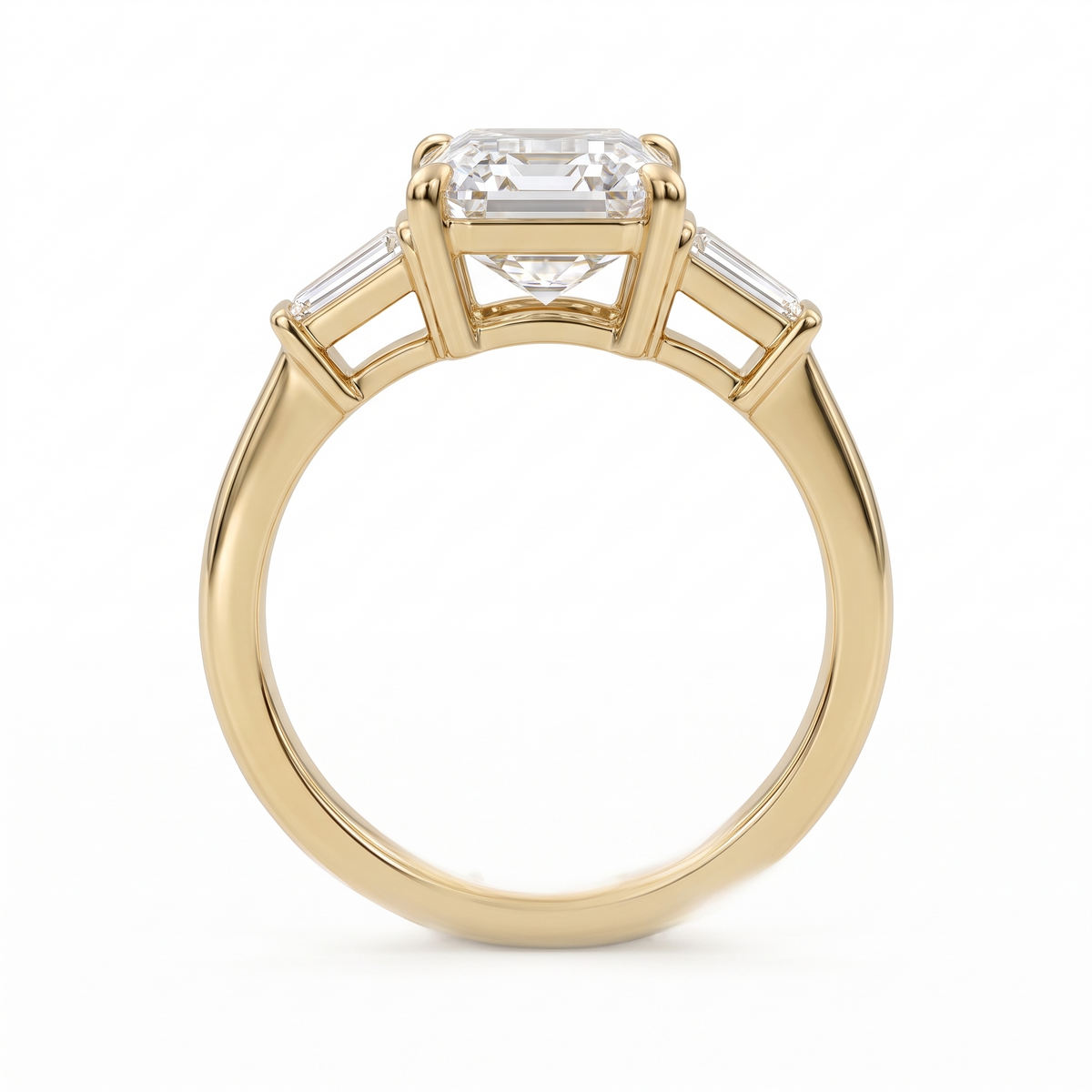 Model 05 Emerald Baguette Classic engagement ring side profile catalog view on white background