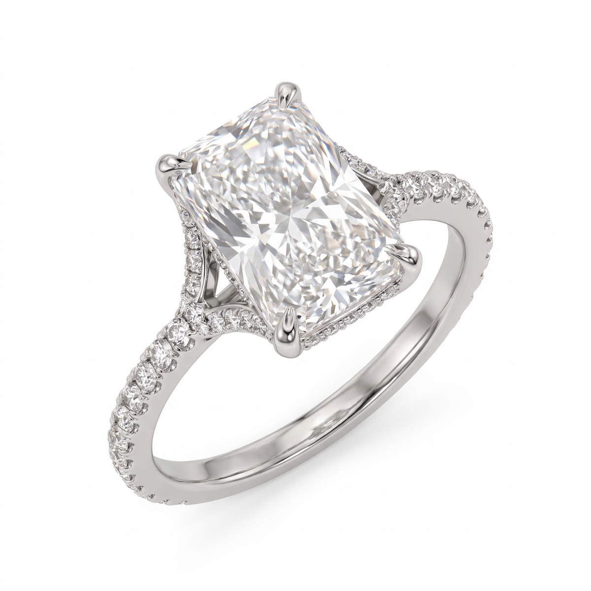 Model 06 Radiant Cathedral Pavé engagement ring three-quarter catalog view on white background