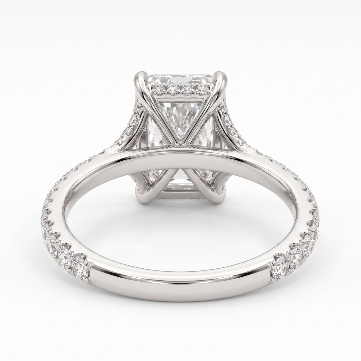 Model 06 Radiant Cathedral Pavé engagement ring rear three-quarter catalog view on white background