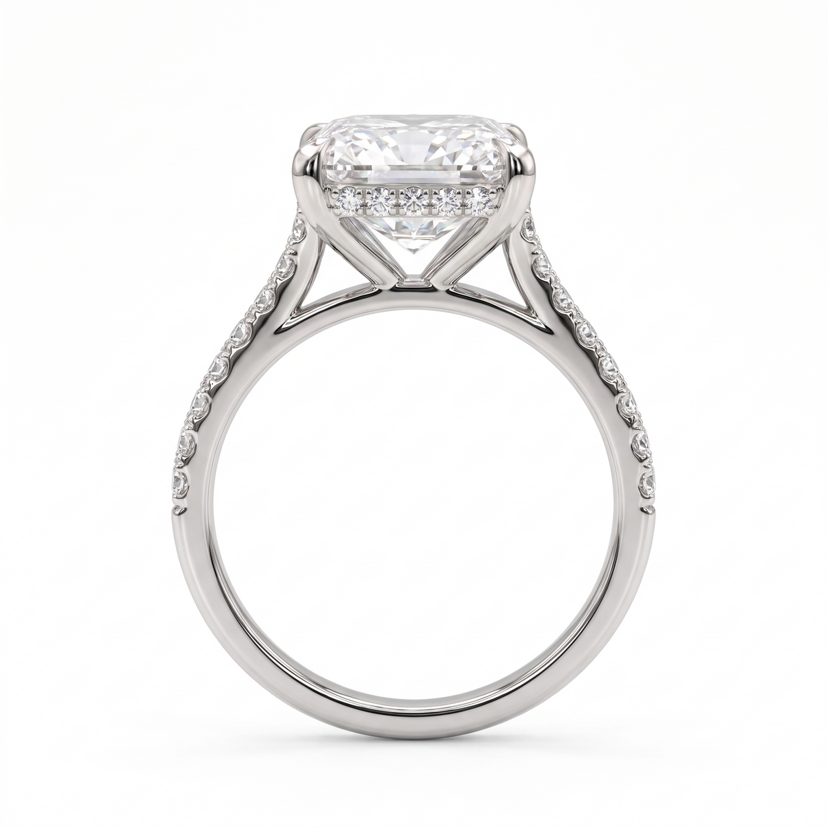 Model 06 Radiant Cathedral Pavé engagement ring side profile catalog view on white background