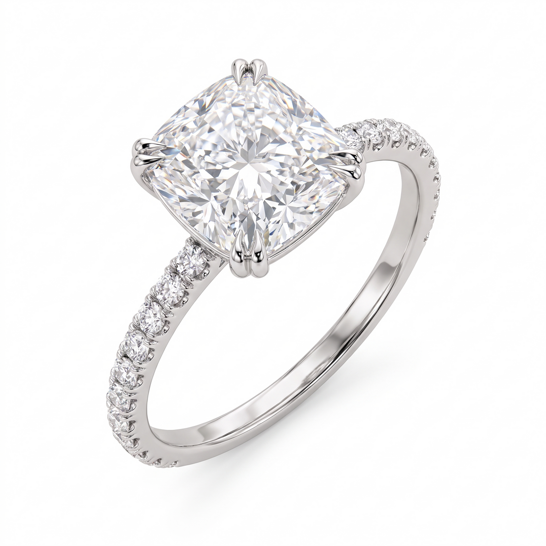 Model 07 Cushion Double-Claw Pavé engagement ring three-quarter catalog view on white background