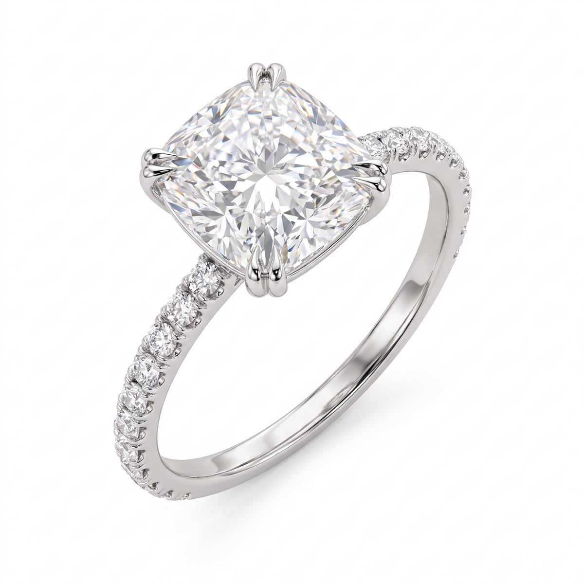Model 07 Cushion Double-Claw Pavé engagement ring three-quarter catalog view on white background