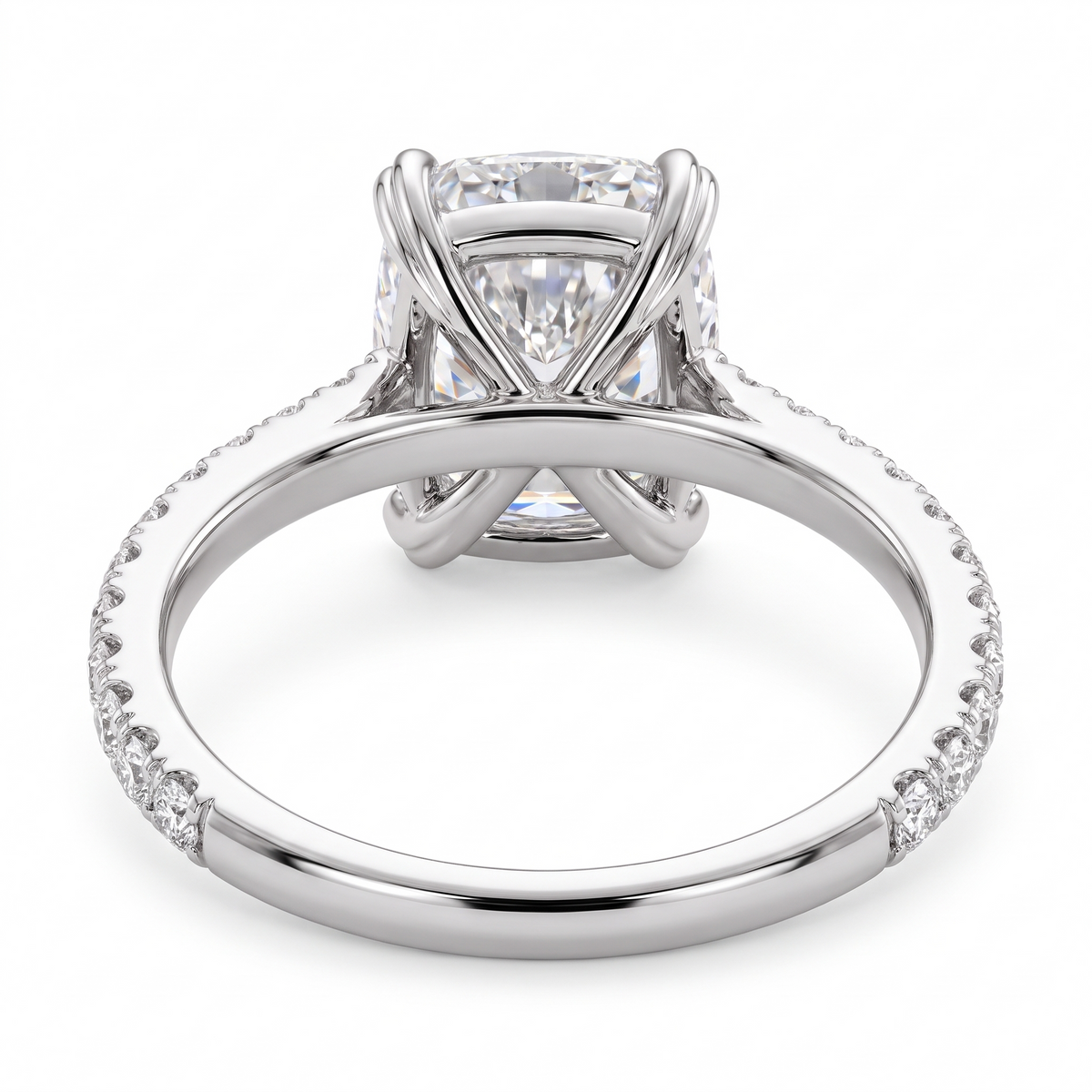 Model 07 Cushion Double-Claw Pavé engagement ring rear three-quarter catalog view on white background