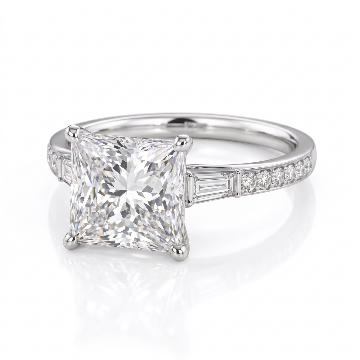 Model 08 Princess Baguette Pavé engagement ring three-quarter catalog view on white background