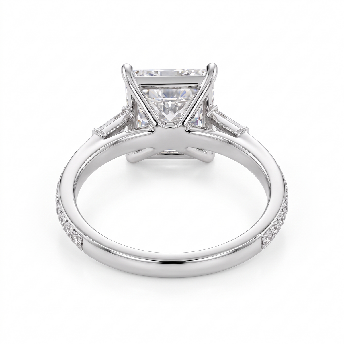 Model 08 Princess Baguette Pavé engagement ring rear three-quarter catalog view on white background