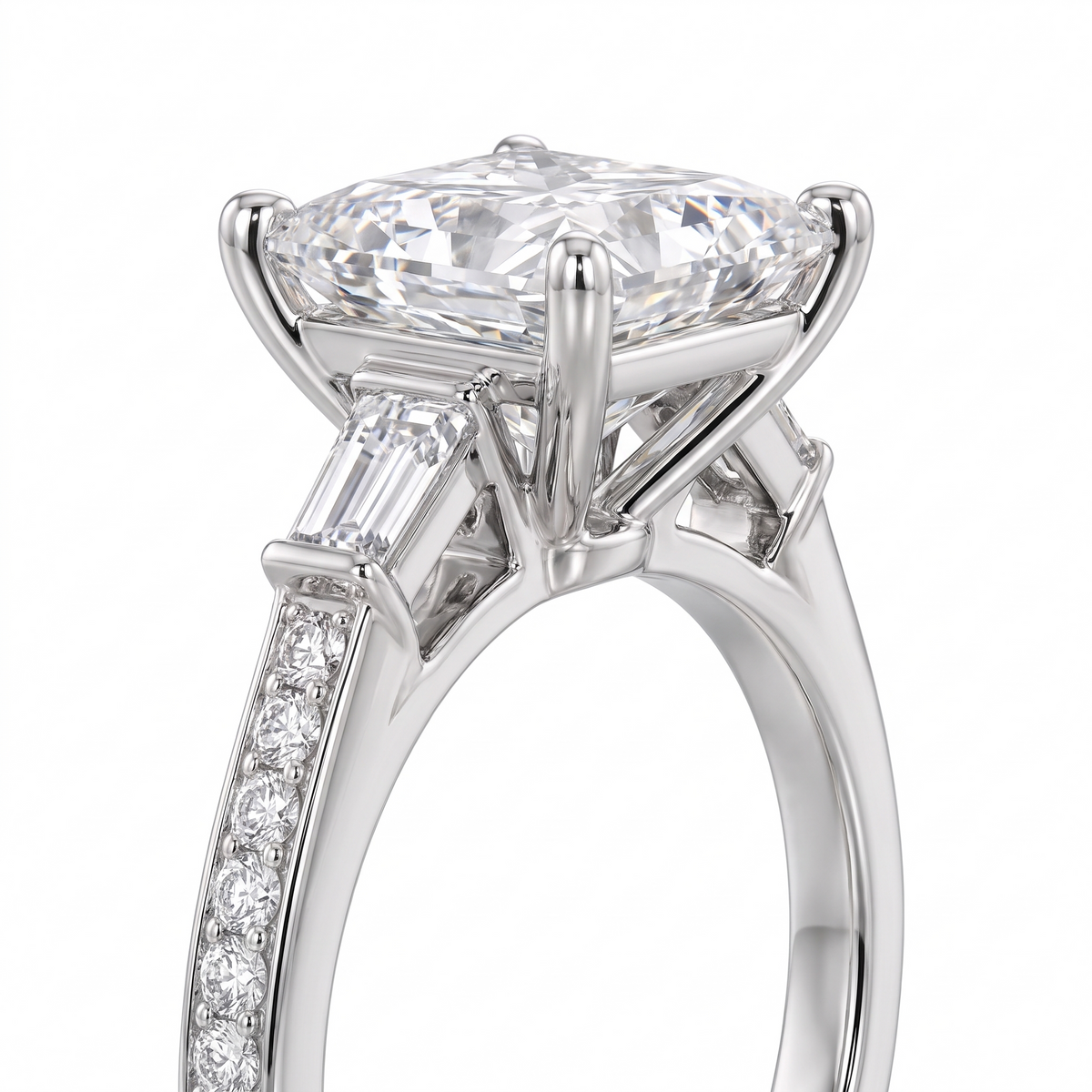 Model 08 Princess Baguette Pavé engagement ring side profile catalog view on white background