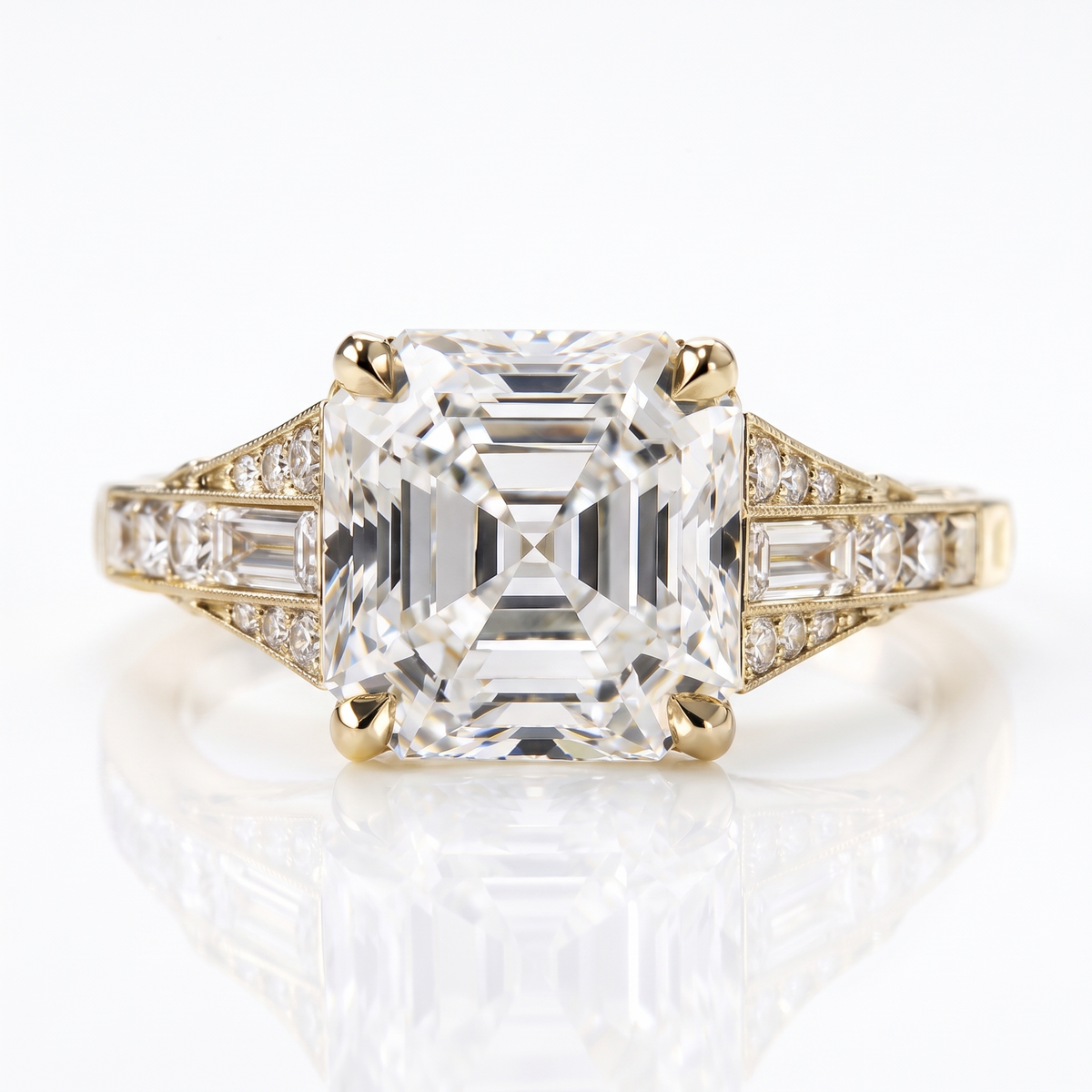 Model 09 Asscher Art Deco engagement ring three-quarter catalog view on white background