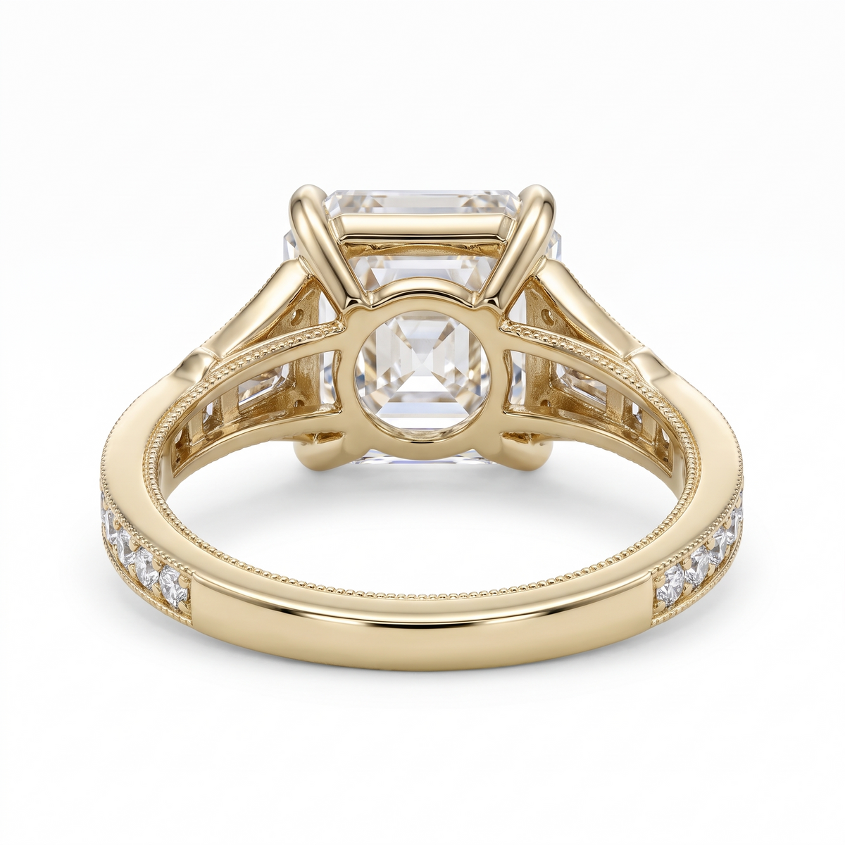 Model 09 Asscher Art Deco engagement ring rear three-quarter catalog view on white background