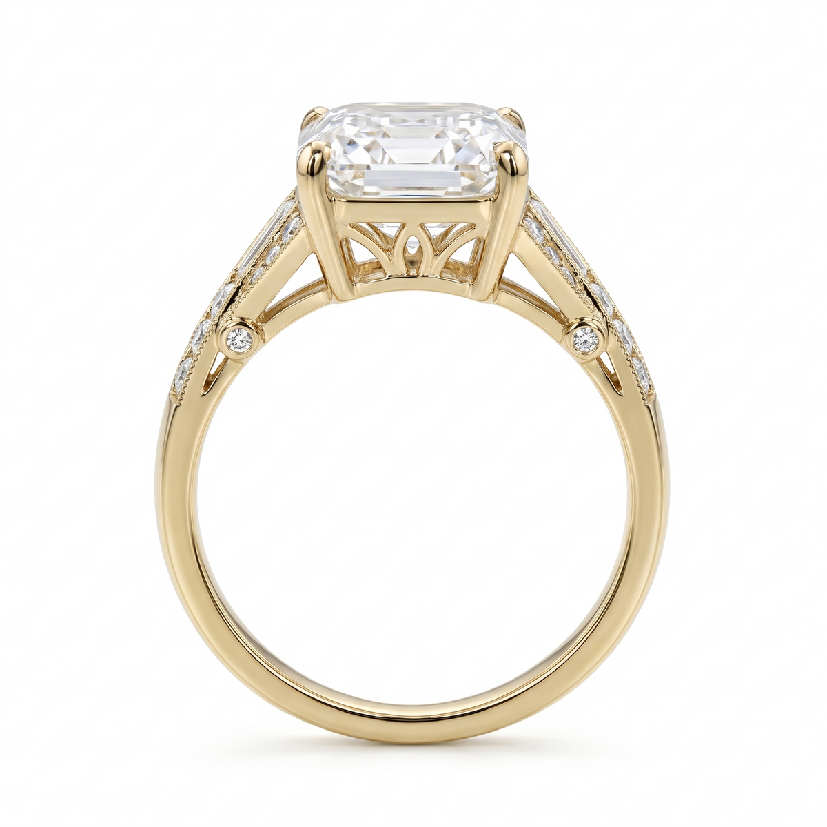 Model 09 Asscher Art Deco engagement ring side profile catalog view on white background