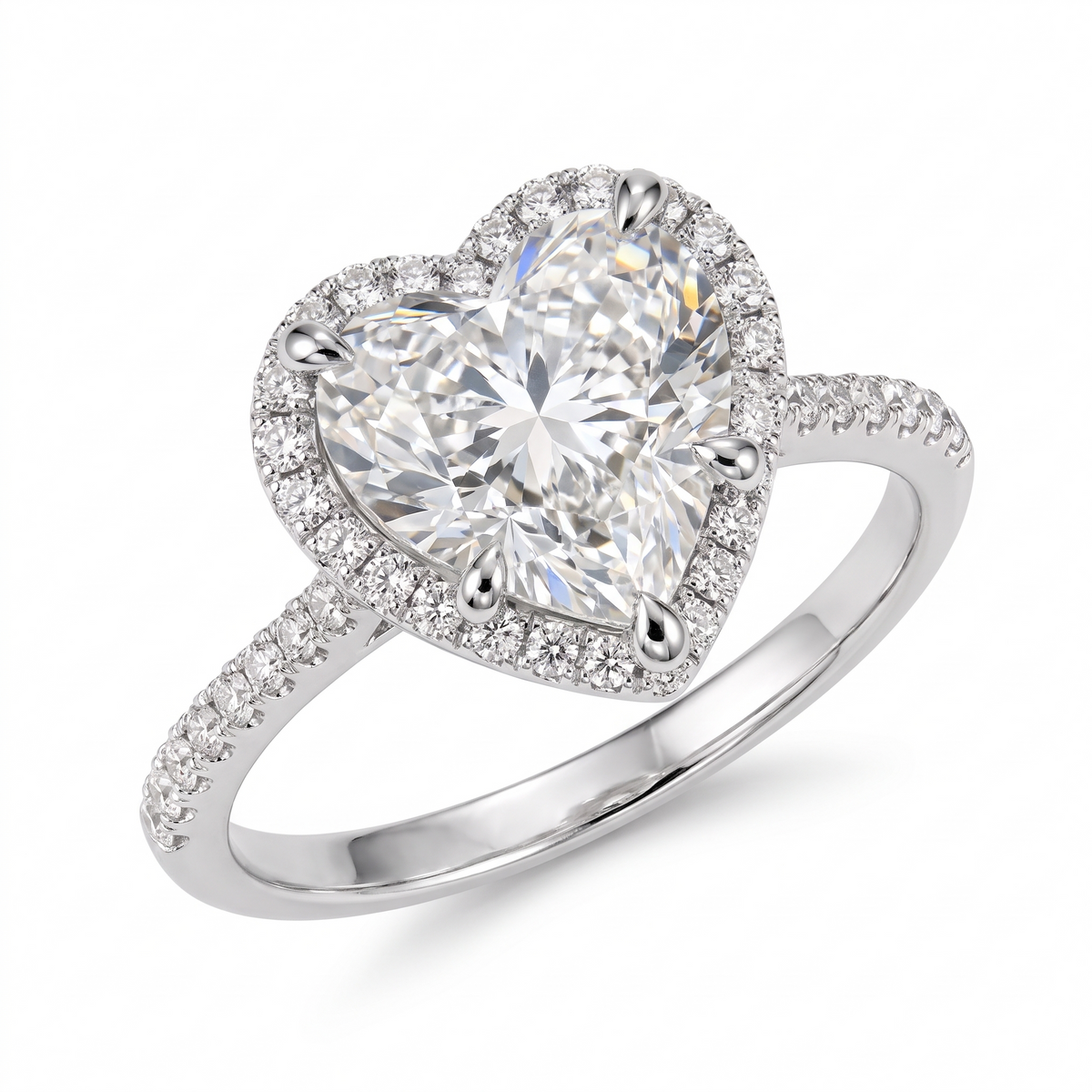 Model 10 Heart Halo White Gold engagement ring three-quarter catalog view on white background