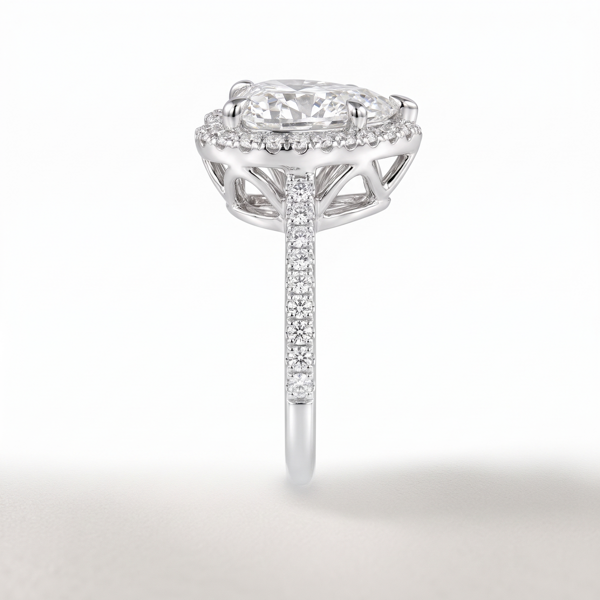 Model 10 Heart Halo White Gold engagement ring side profile catalog view on white background