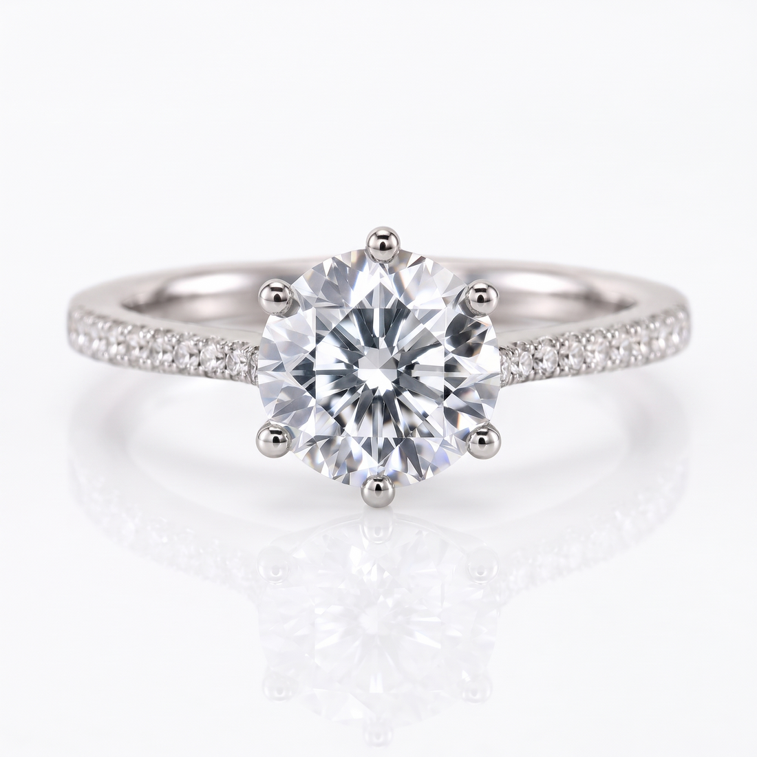 Model 11 Round Hidden Halo engagement ring three-quarter catalog view on white background