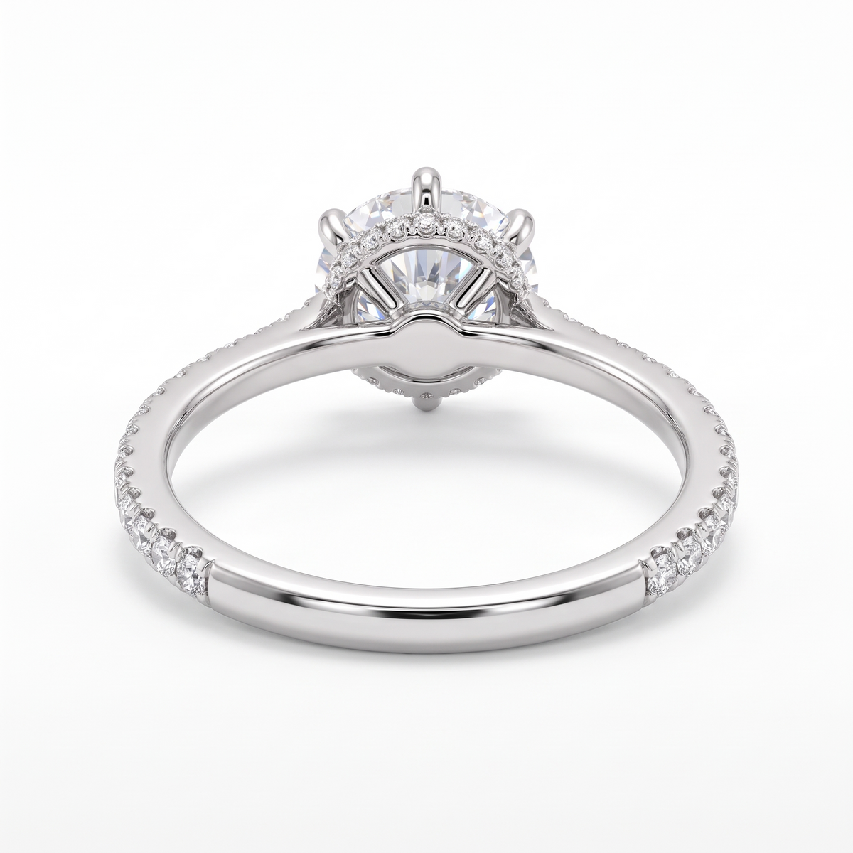 Model 11 Round Hidden Halo engagement ring rear three-quarter catalog view on white background