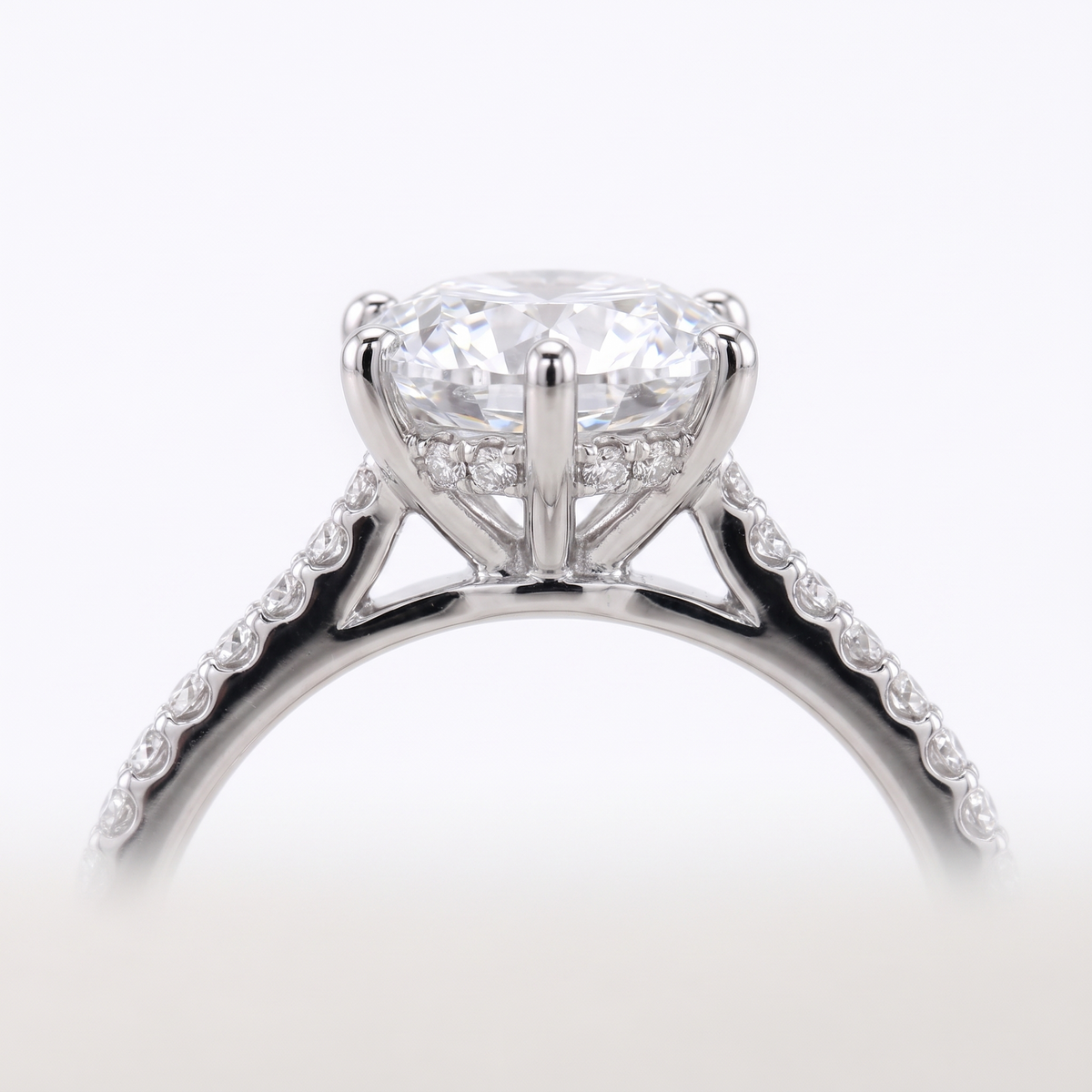 Model 11 Round Hidden Halo engagement ring side profile catalog view on white background