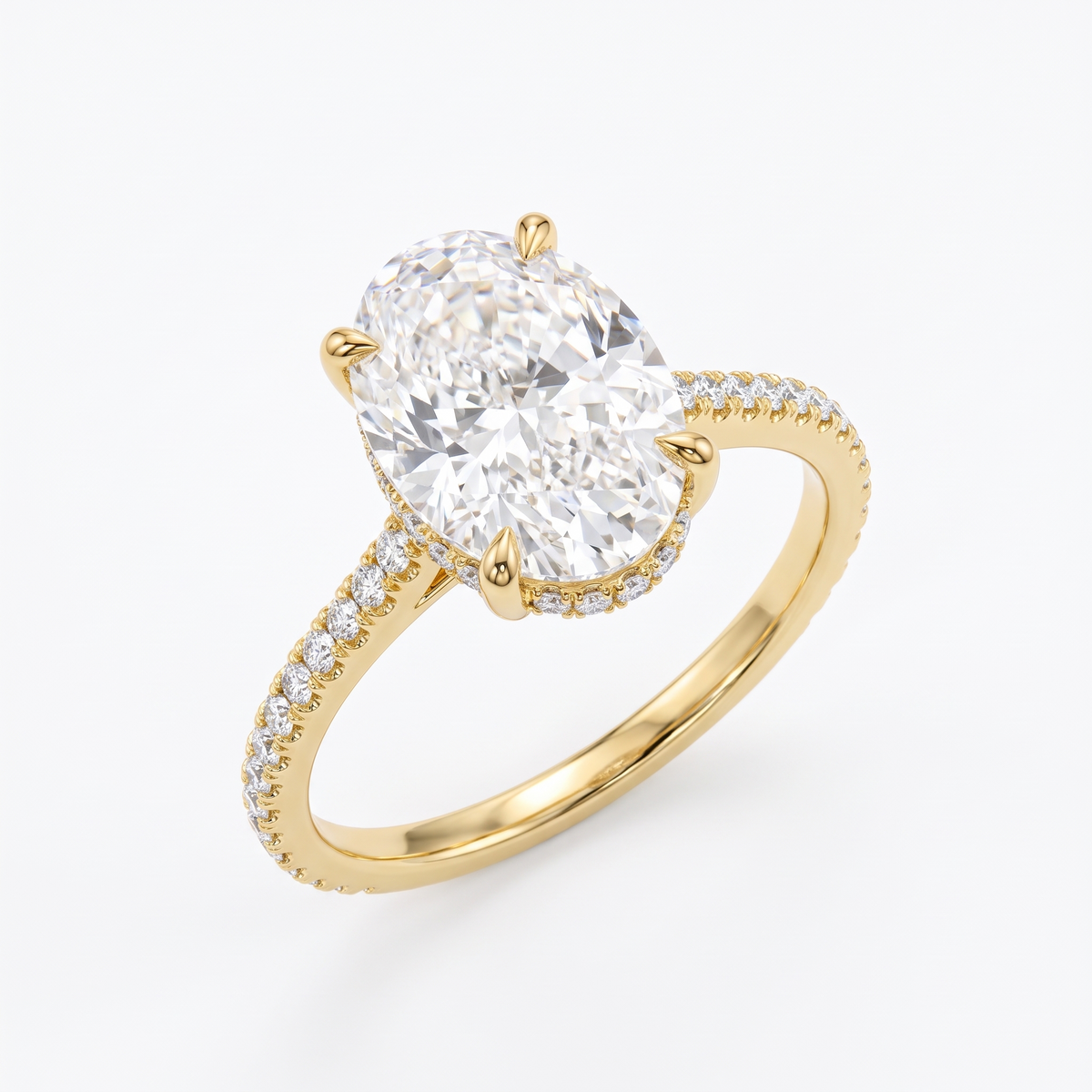 Model 12 Oval Cathedral Yellow Gold engagement ring three-quarter catalog view on white background