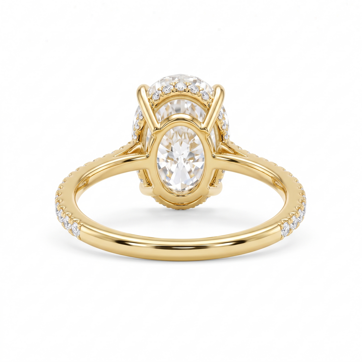 Model 12 Oval Cathedral Yellow Gold engagement ring rear three-quarter catalog view on white background