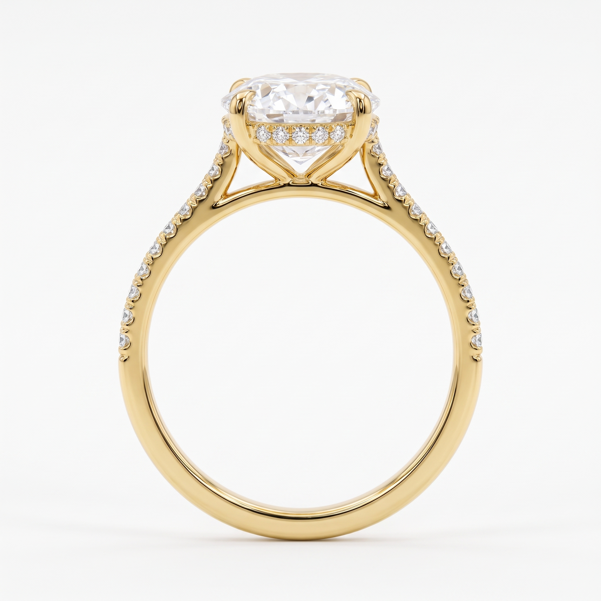 Model 12 Oval Cathedral Yellow Gold engagement ring side profile catalog view on white background