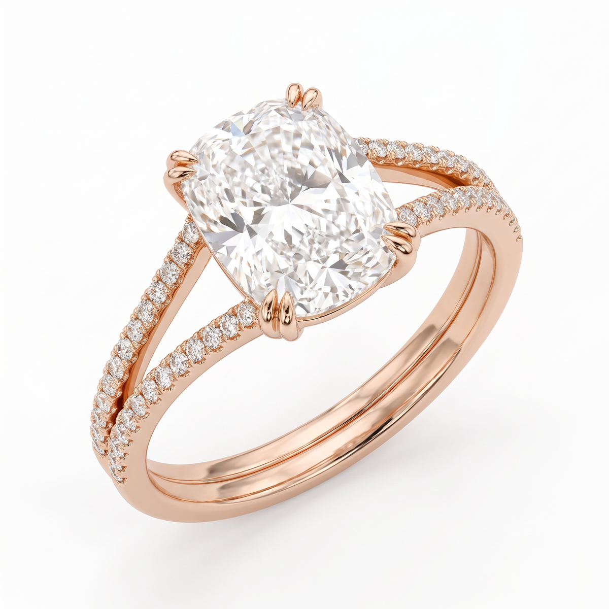 Model 13 Cushion Rose Split-Shank engagement ring three-quarter catalog view on white background
