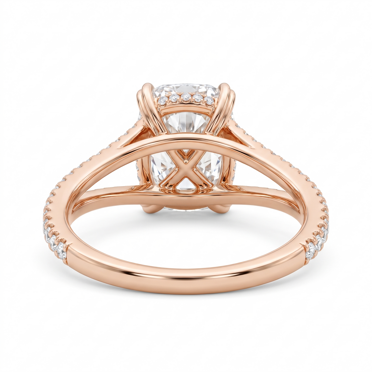 Model 13 Cushion Rose Split-Shank engagement ring rear three-quarter catalog view on white background