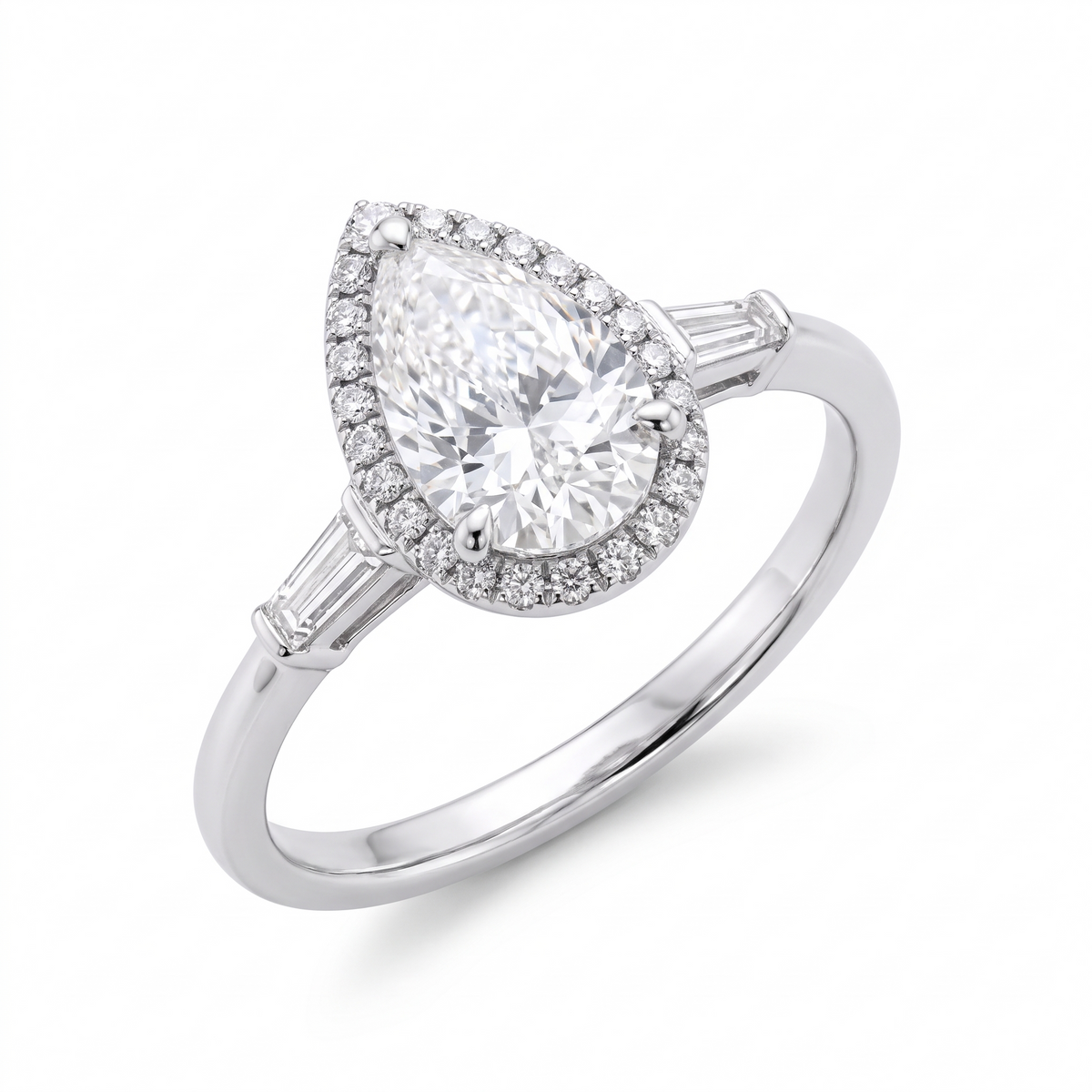 Model 14 Pear Halo Baguette engagement ring three-quarter catalog view on white background