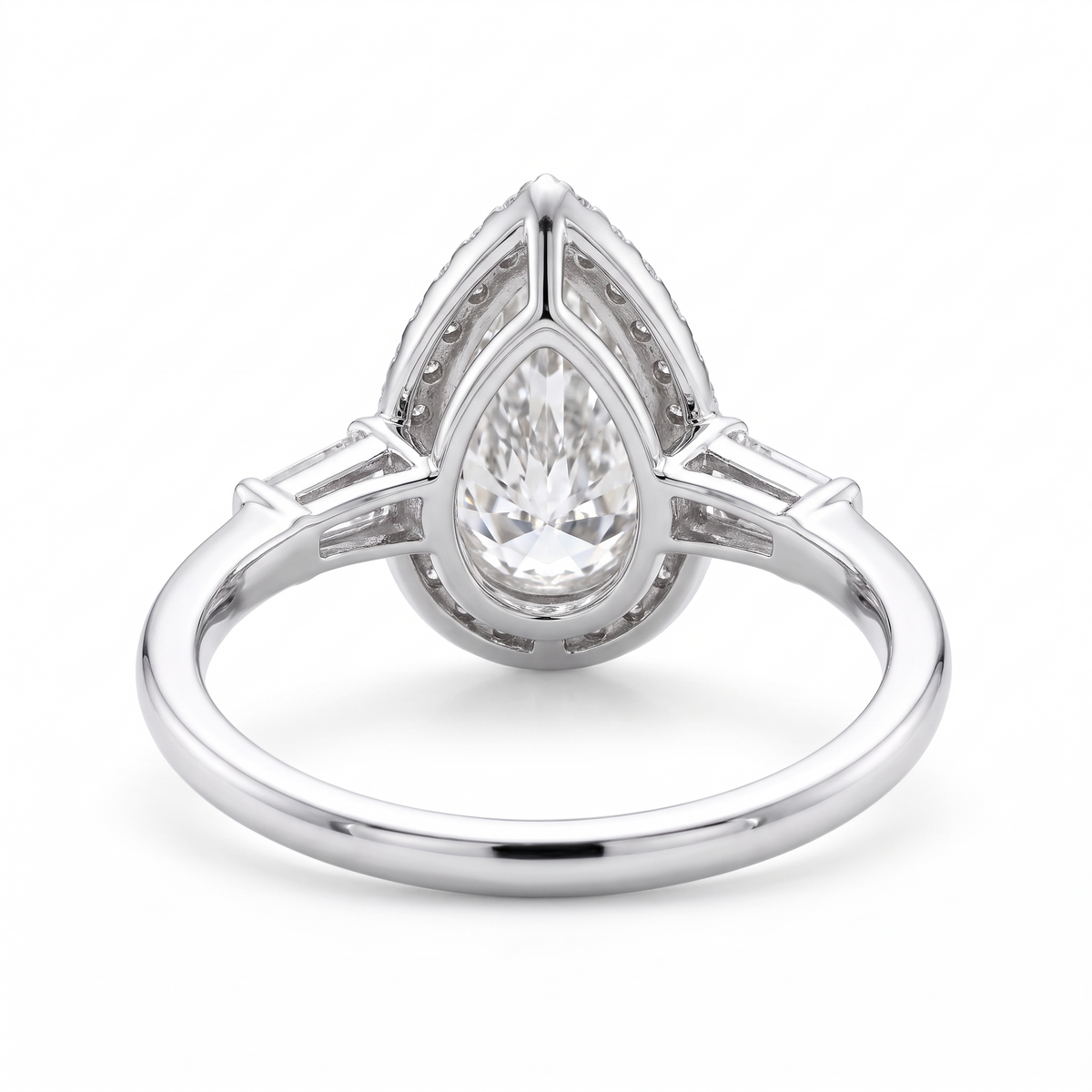 Model 14 Pear Halo Baguette engagement ring rear three-quarter catalog view on white background