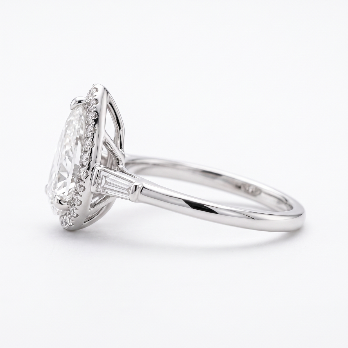Model 14 Pear Halo Baguette engagement ring side profile catalog view on white background