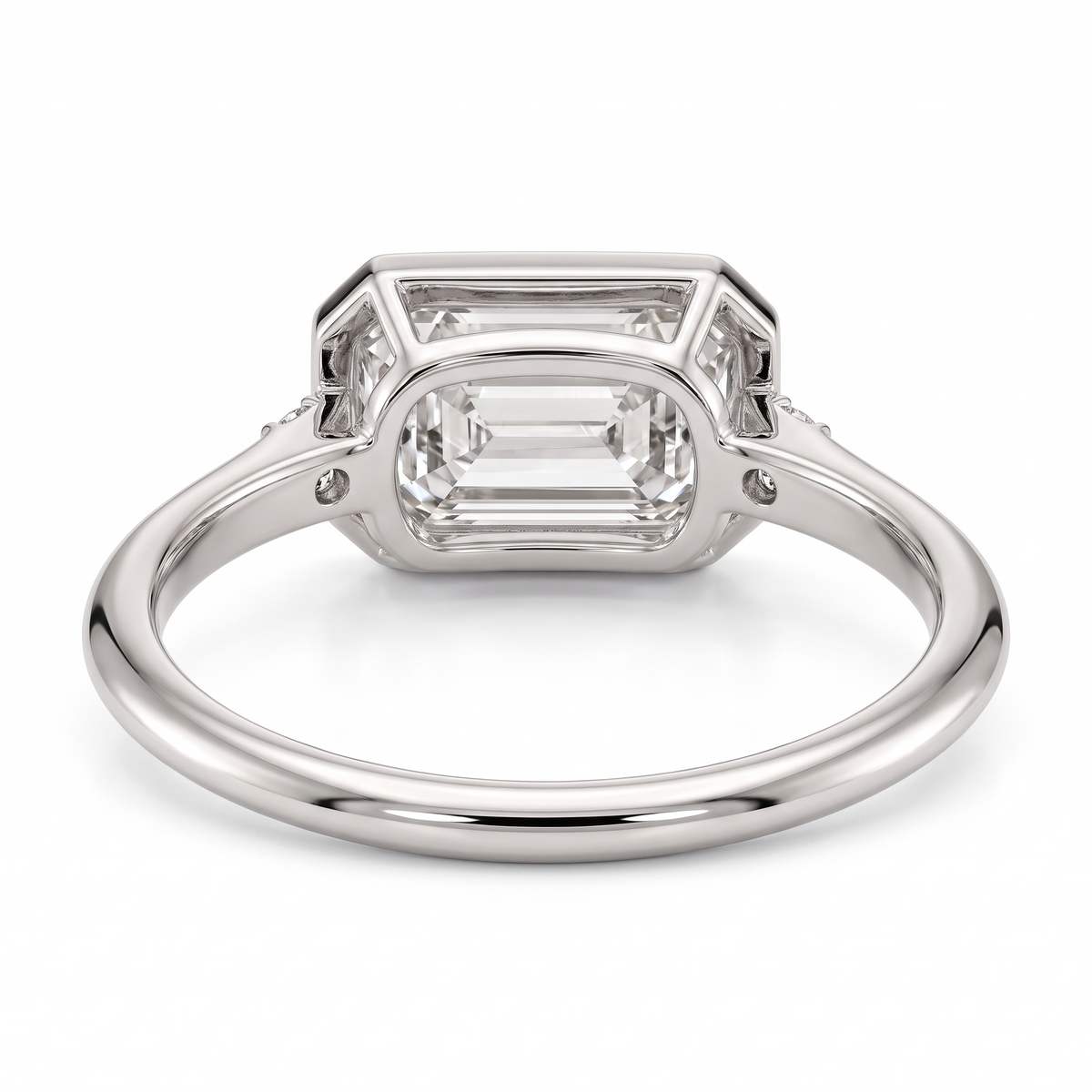 Model 16 Emerald Bezel Minimal engagement ring rear three-quarter catalog view on white background