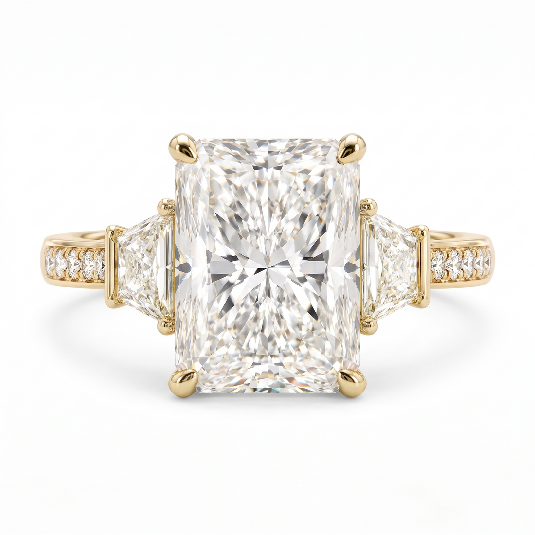 Model 17 Radiant Three-Stone engagement ring three-quarter catalog view on white background