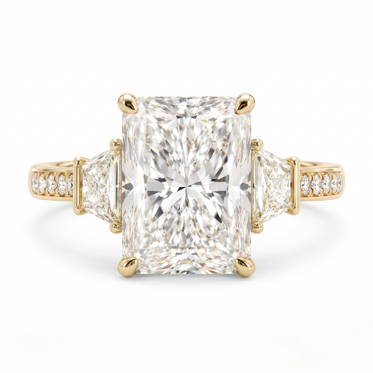 Model 17 Radiant Three-Stone engagement ring three-quarter catalog view on white background