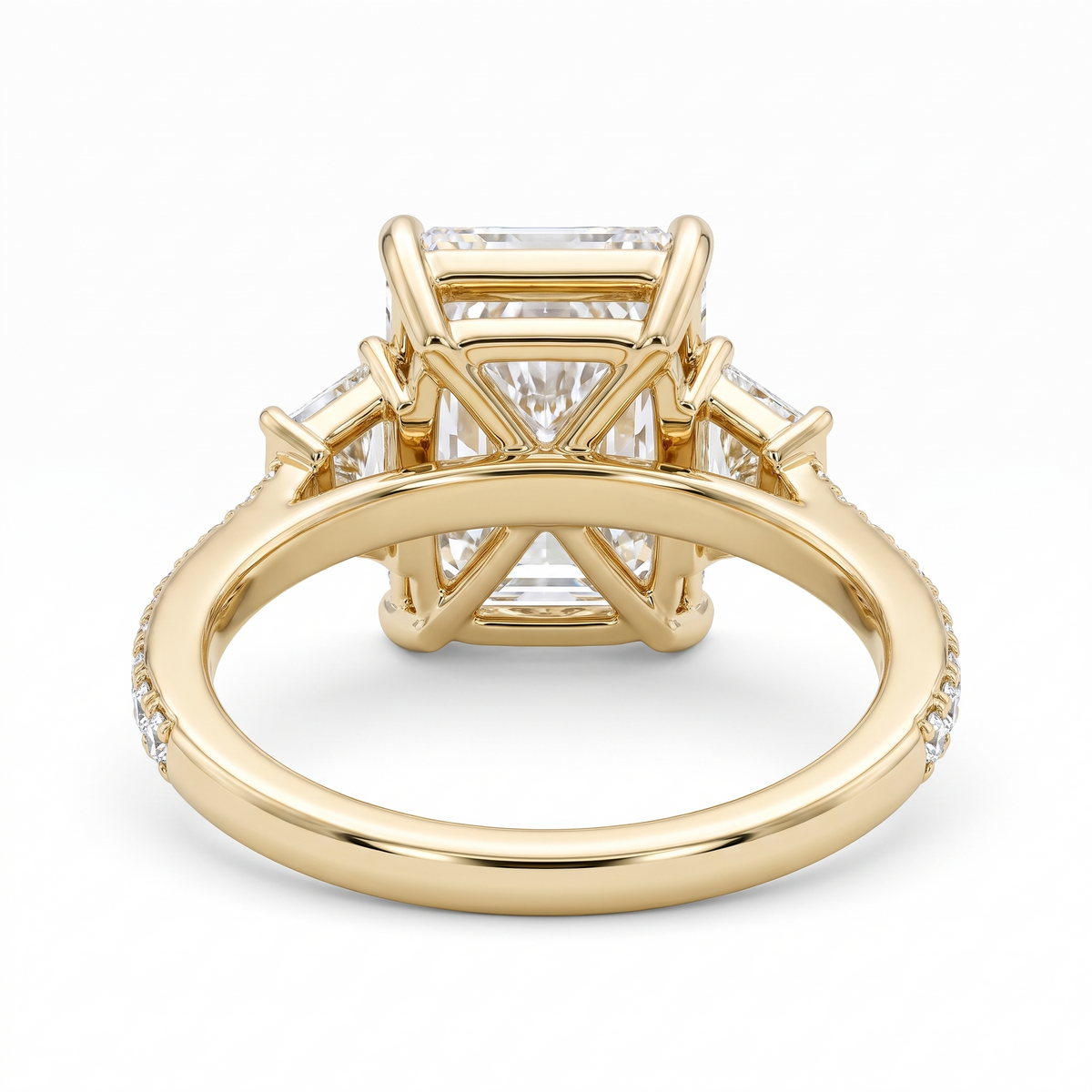 Model 17 Radiant Three-Stone engagement ring rear three-quarter catalog view on white background