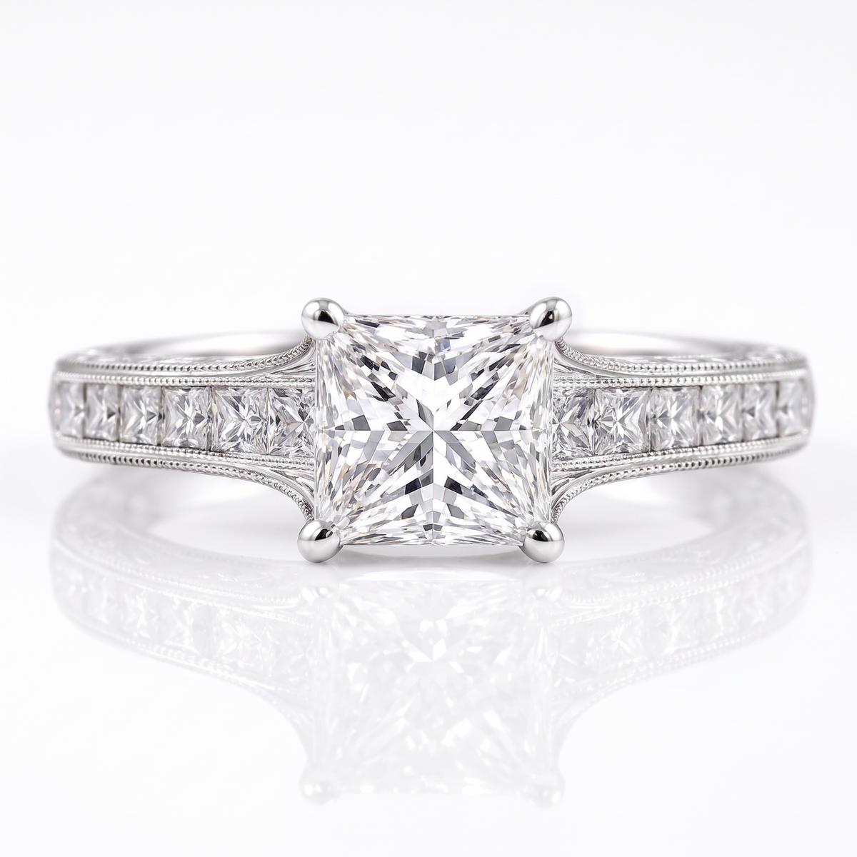 Model 18 Princess Vintage Channel engagement ring three-quarter catalog view on white background