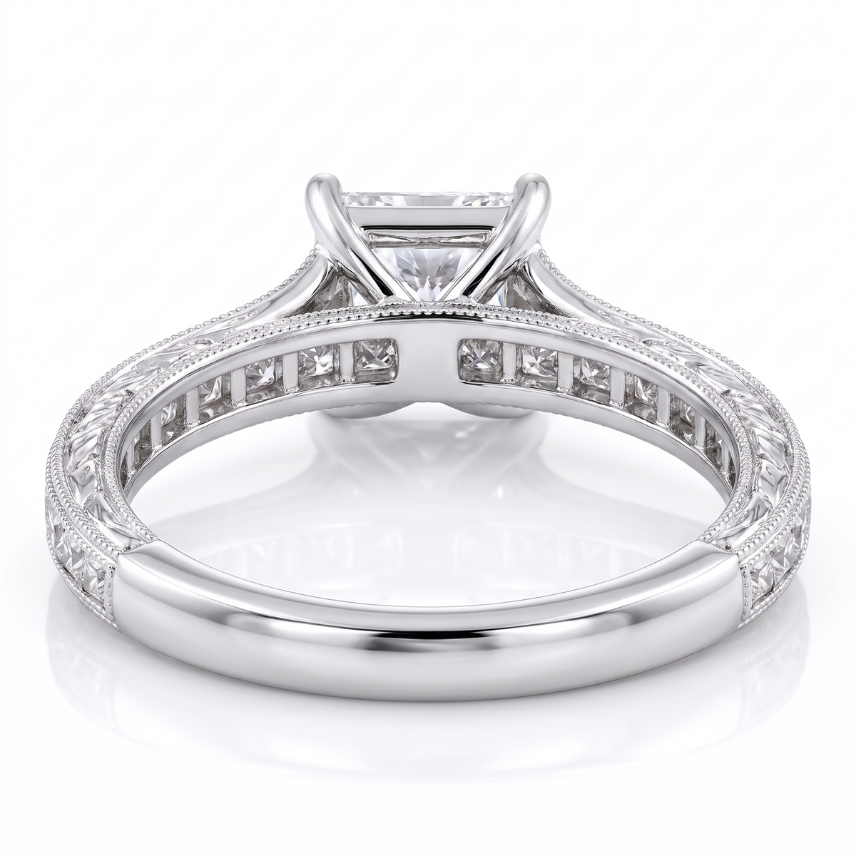 Model 18 Princess Vintage Channel engagement ring rear three-quarter catalog view on white background