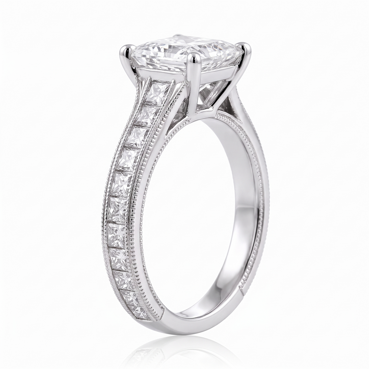 Model 18 Princess Vintage Channel engagement ring side profile catalog view on white background