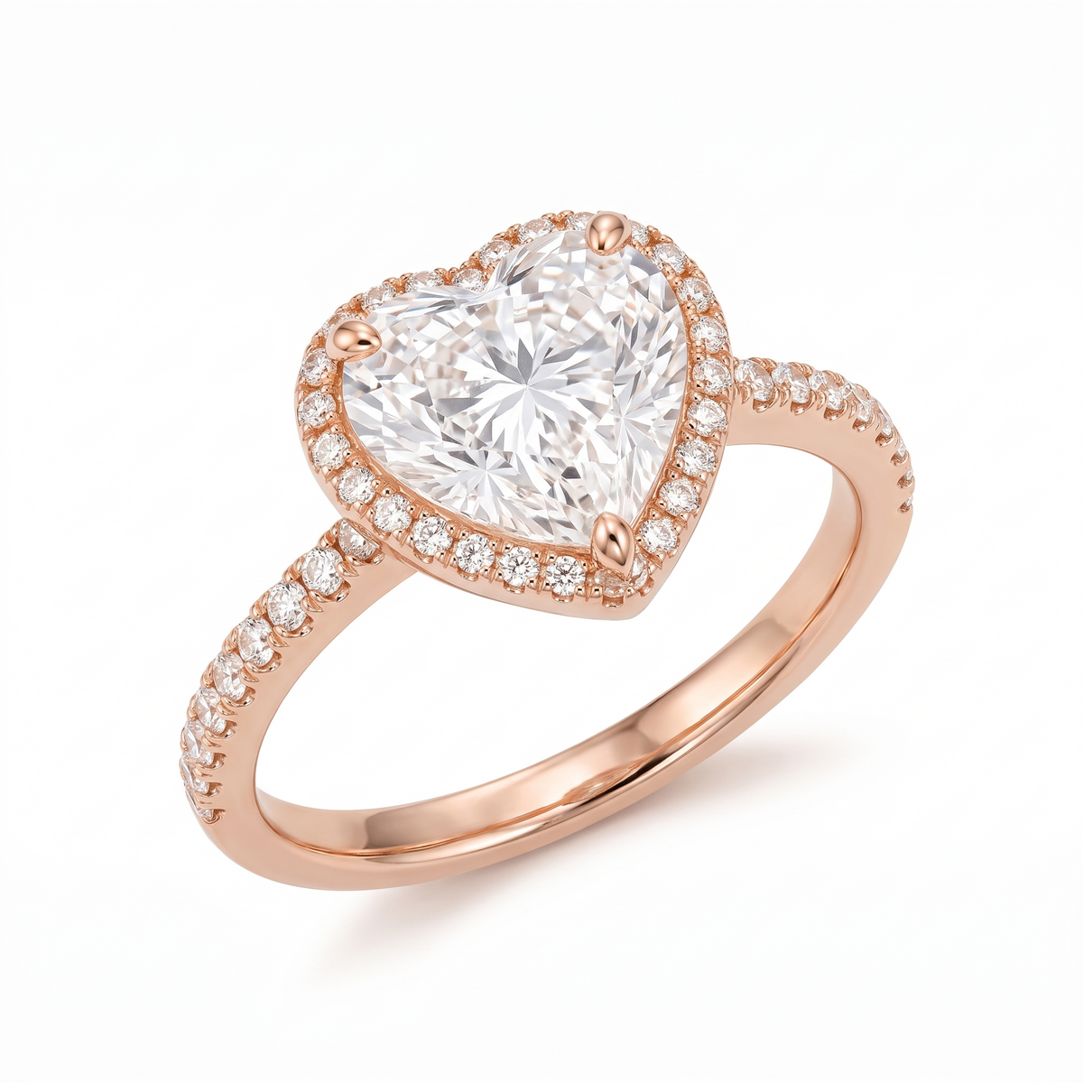 Model 19 Heart Halo Rose Gold engagement ring three-quarter catalog view on white background